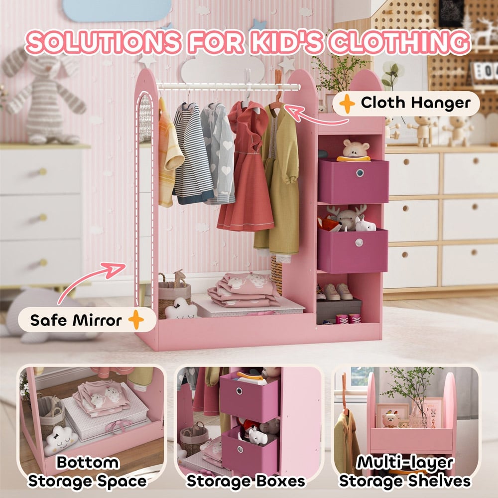 AIYAPLAY Pink Kids Cloth Rail with Storage Shelf and Mirror Image 5