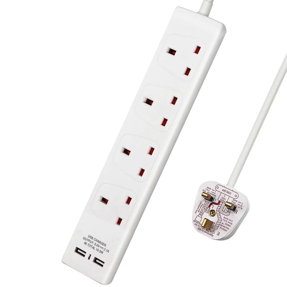 ExtraStar 13A 5m 4 Socket White Unswitched Extension Lead with 2 USB Port Image 1