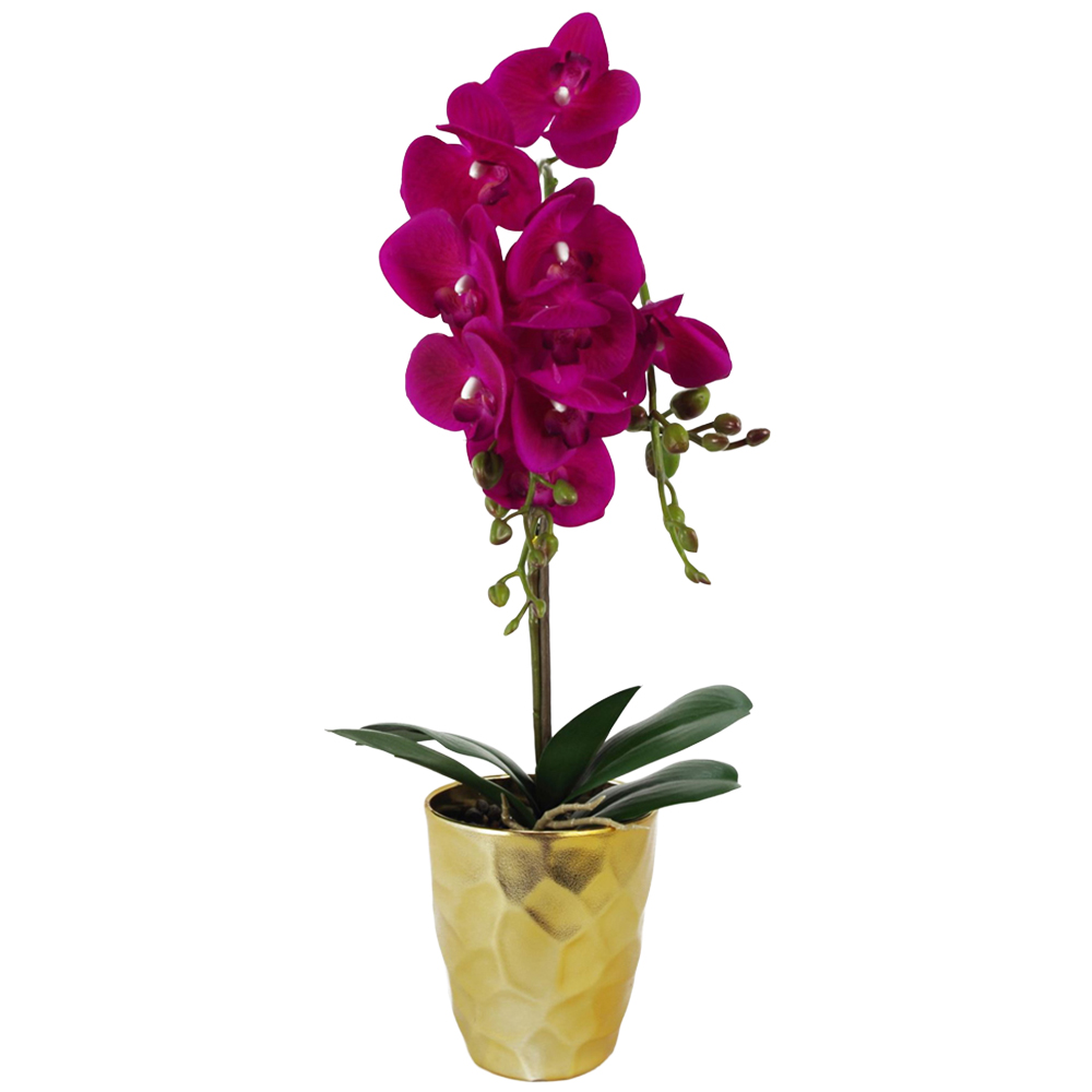 Leaf Dark Pink Orchid Artificial Plant in Gold Pot 54cm Image 1