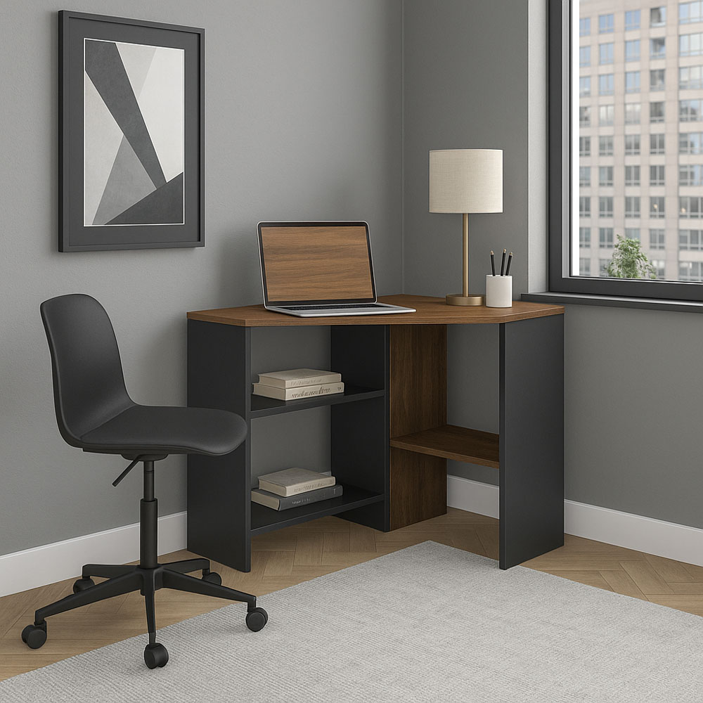 Decorotika Alison 3 Shelf Corner Computer Desk Walnut and Black Image 3
