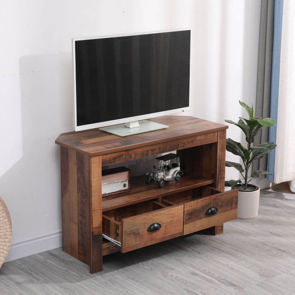 FurnitureHMD 2 Drawer Single Shelf Industrial Style Wooden Corner TV Unit Image 7