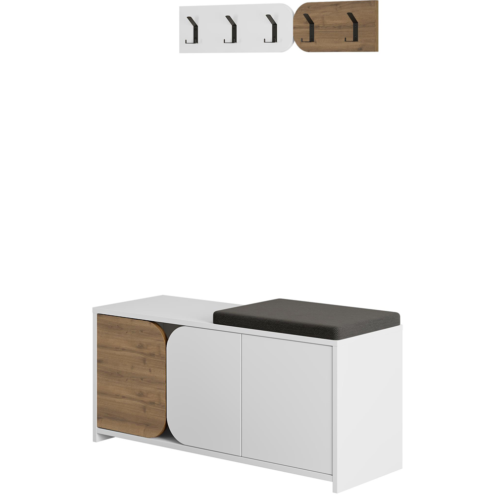 Decortie Moni 3 Door White and Dark Oak Shoe Cabinet with 5 Hook Hanger and Fabric Seat Image 2