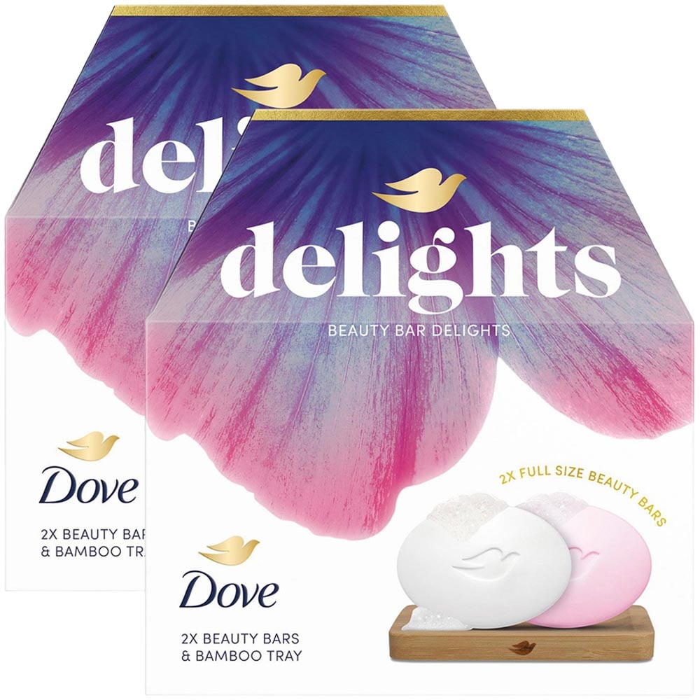 Dove Beauty Bar Delights Original and Pink Soap Gift Set with Bamboo Tray 2 Pack Image 1