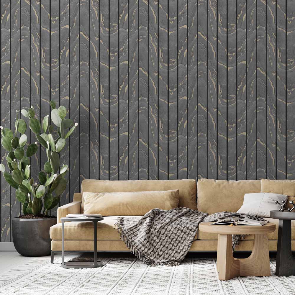 Muriva Woodgrain Panel Charcoal Wallpaper Image 4