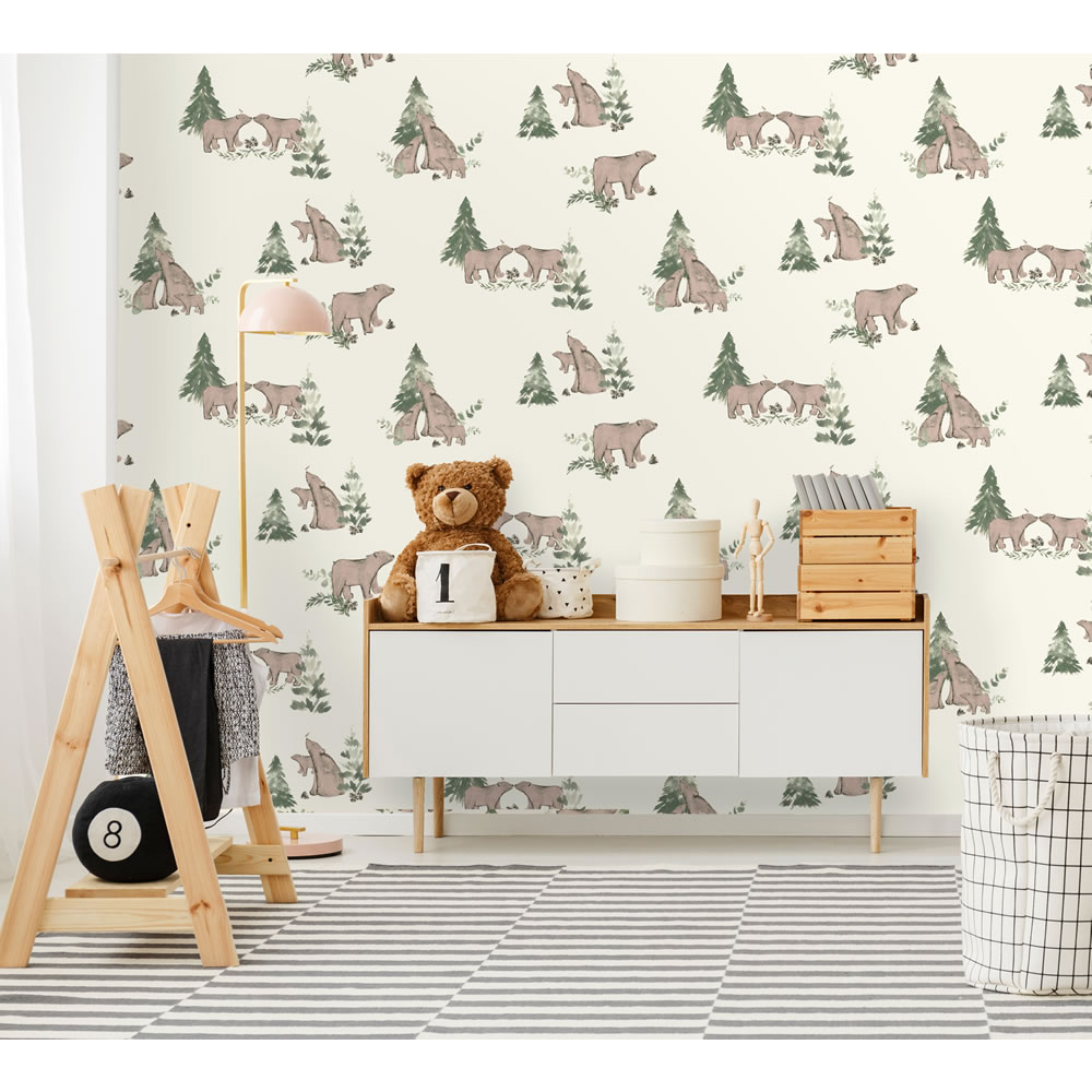 Wilko Wallpaper Bear Family Cream and Brown Image 2