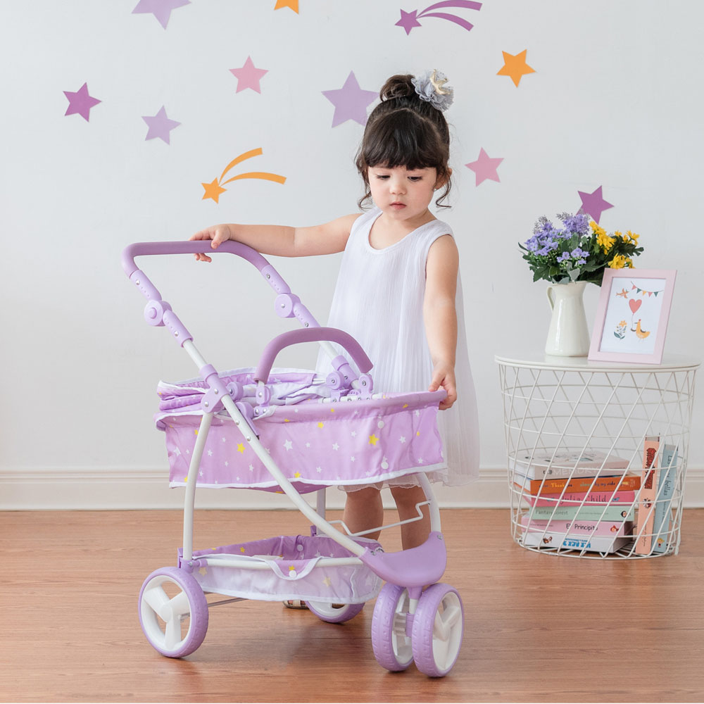 Teamson Kids Olivia's Little World Purple Twinkle Stars Princess 2-in-1 Baby Doll Stroller Image 2