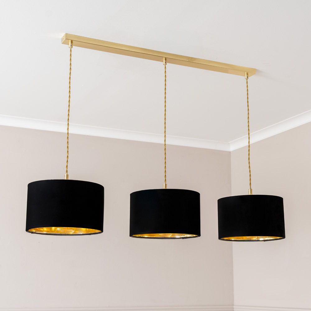 ValueLights Reni Black and Gold Drum Shade 3 Drop Bar Gold Diner LED Ceiling Lights Image 3