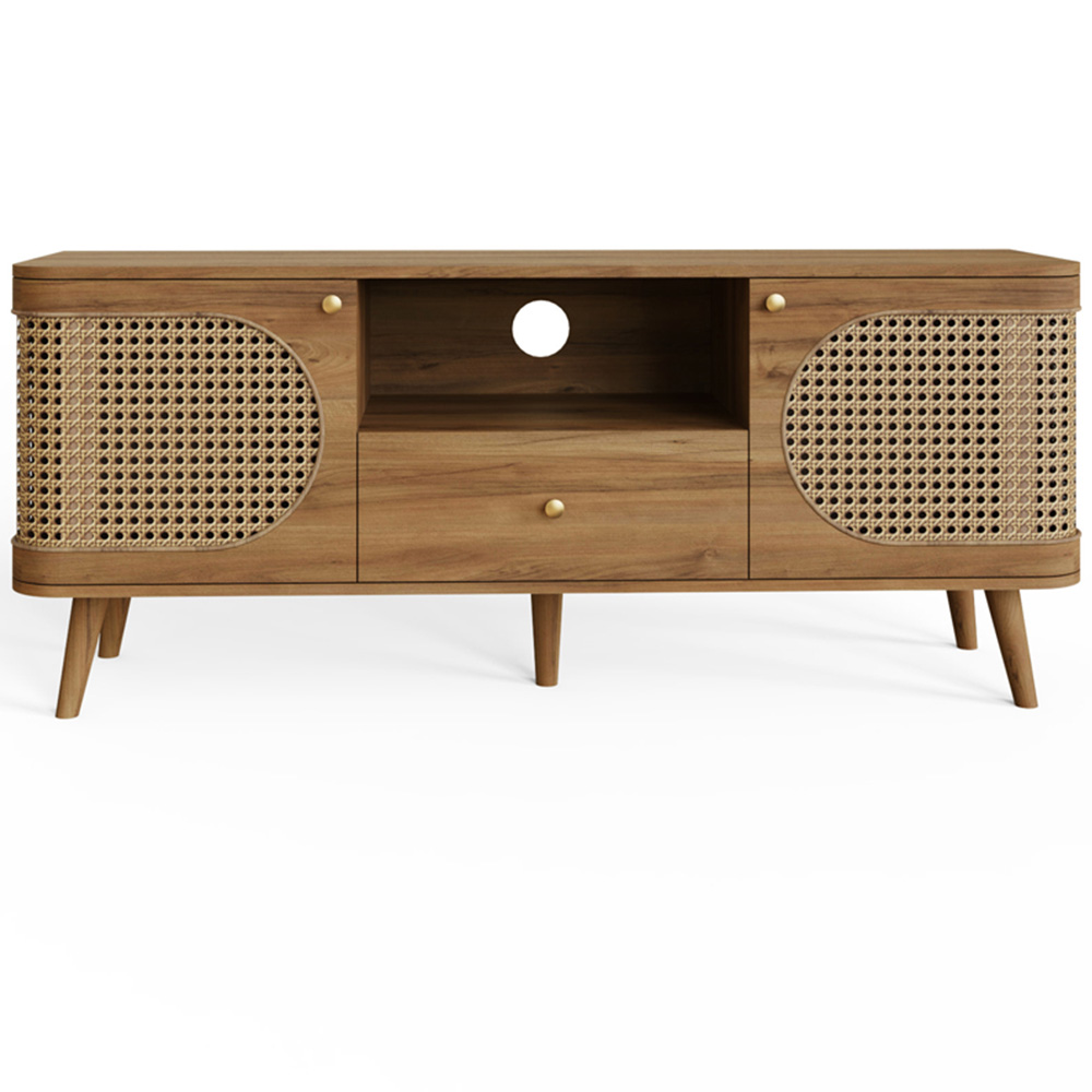 GFW Sorrel 2 Door Single Drawer Single Shelf Oak Rattan TV Unit Image 4