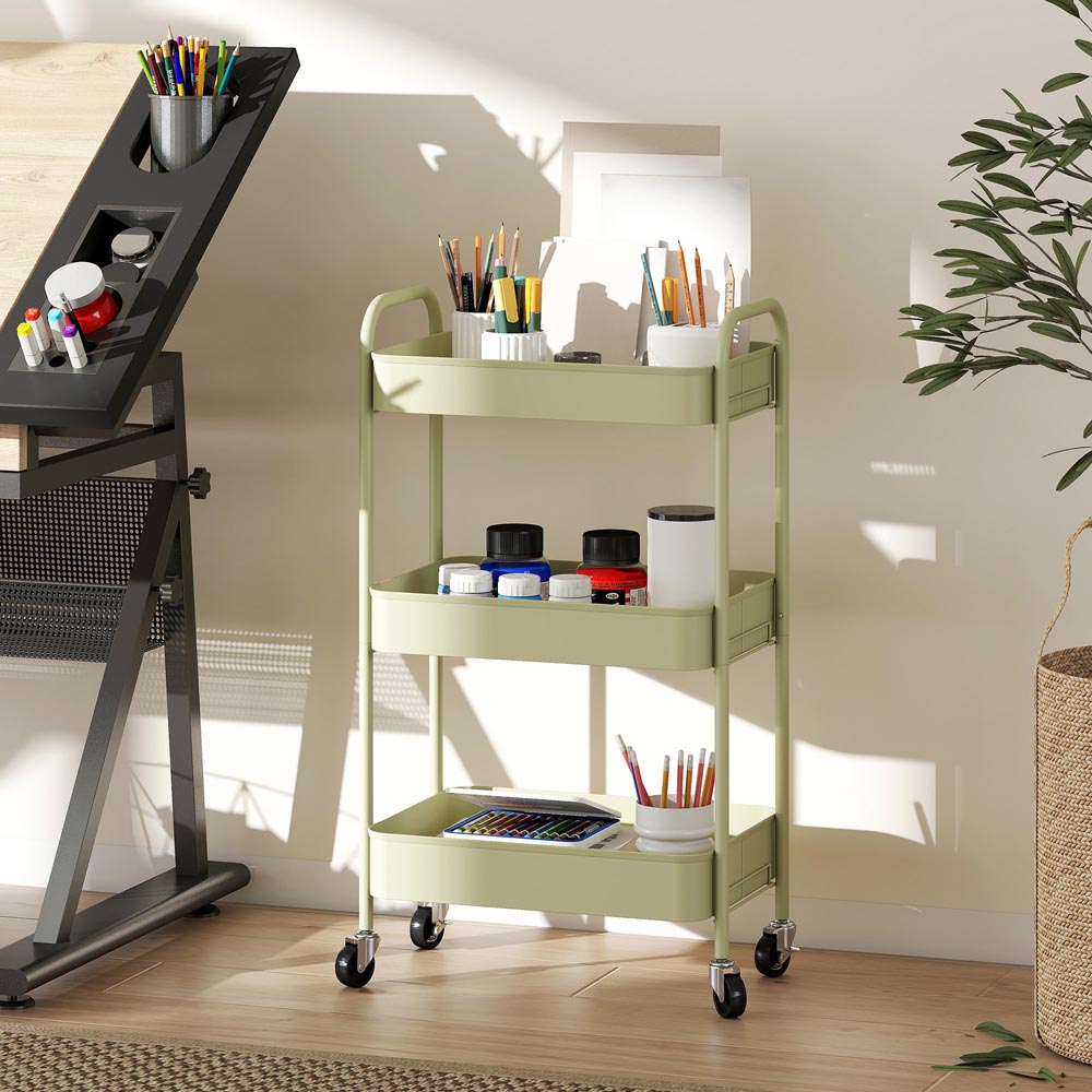 HOMCOM 3-Tier Green Mesh Basket Rolling Utility Cart Image 3