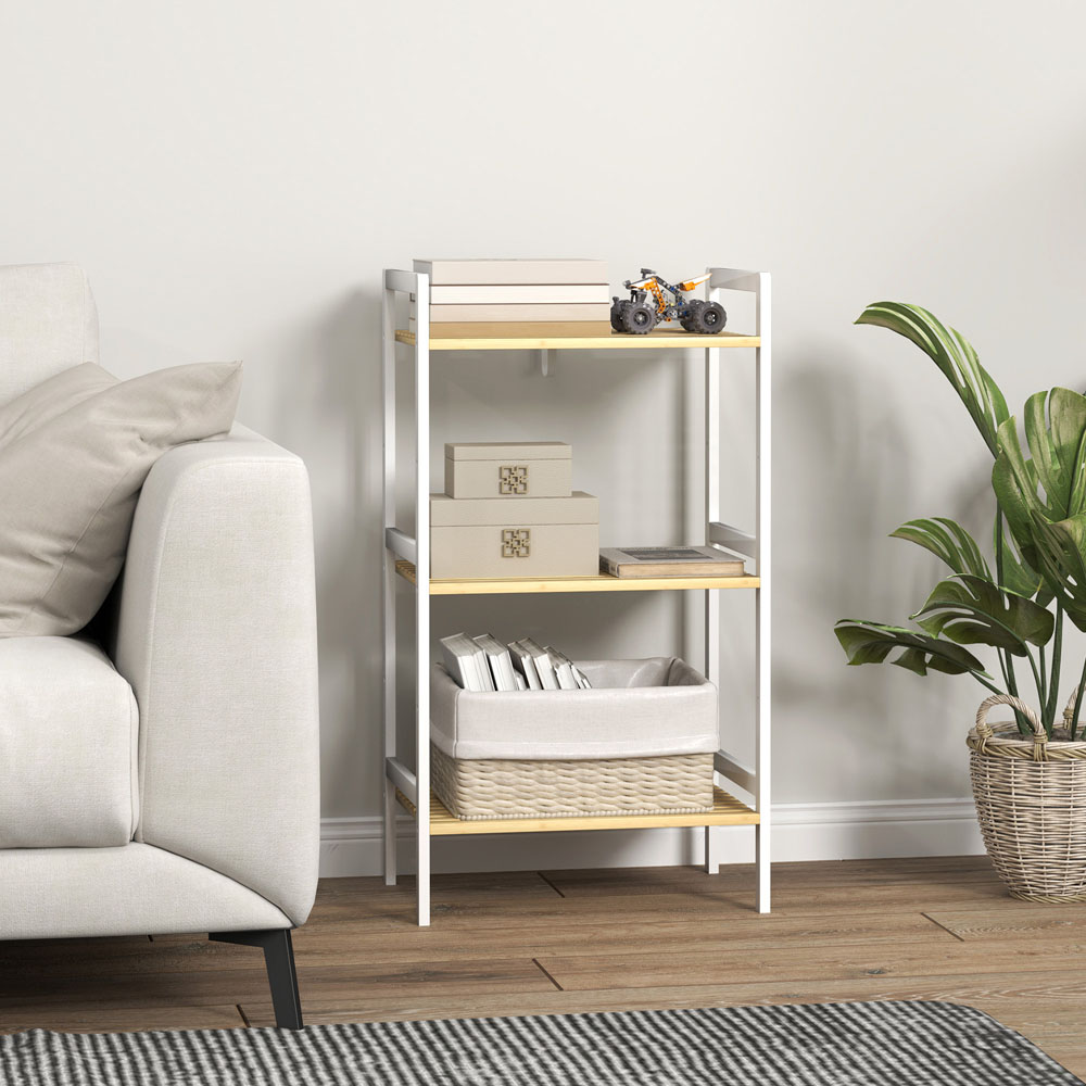 HOMCOM 3 Shelf White Adjustable Bamboo Bathroom Storage Shelf Image 8