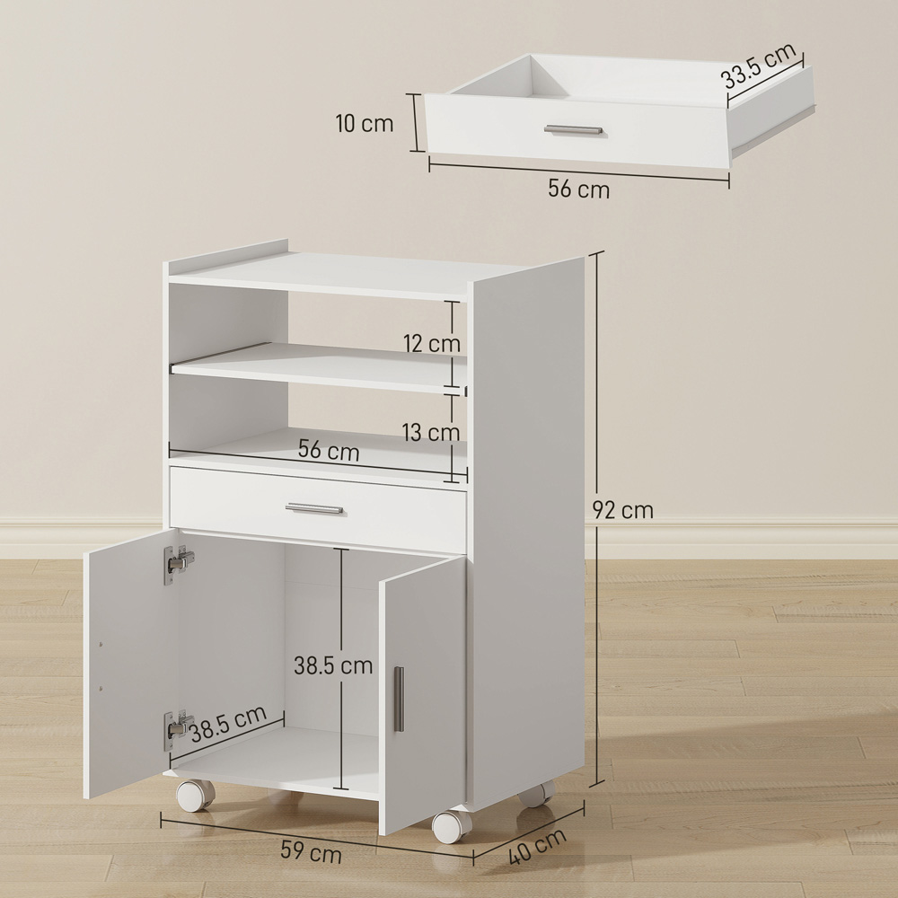 HOMCOM 2 Door Single Drawer 3 Shelf White Modern Mobile Microwave Cabinet Image 9