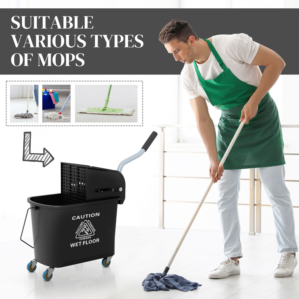 HOMCOM Black Wringer Handle Mop and Bucket Set on Wheels 20L Image 7