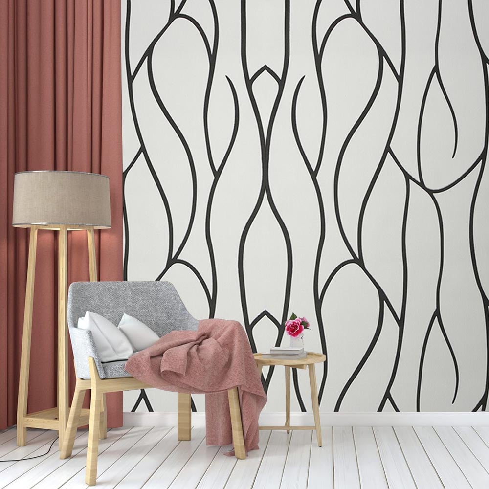 Living and Home Abstract Line Pattern White and Black Non Woven Wallpaper Image 2