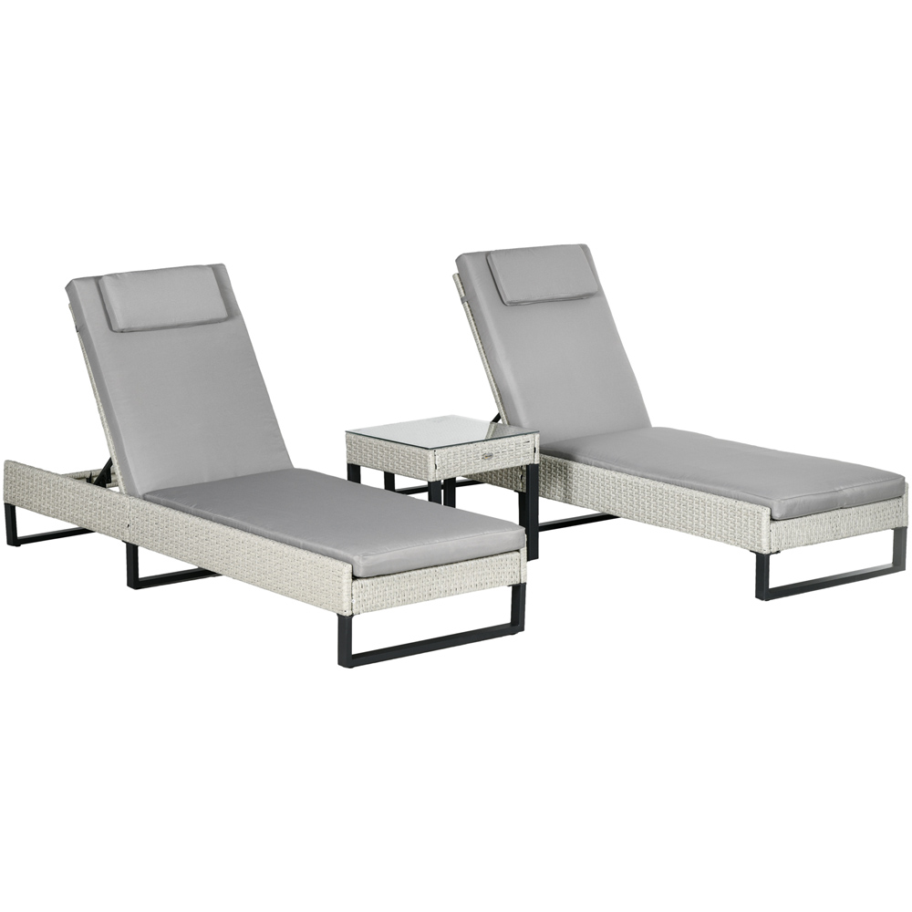 Outsunny Set of 2 Grey Cushion Reclining Rattan Sun Lounger with Table Image 2
