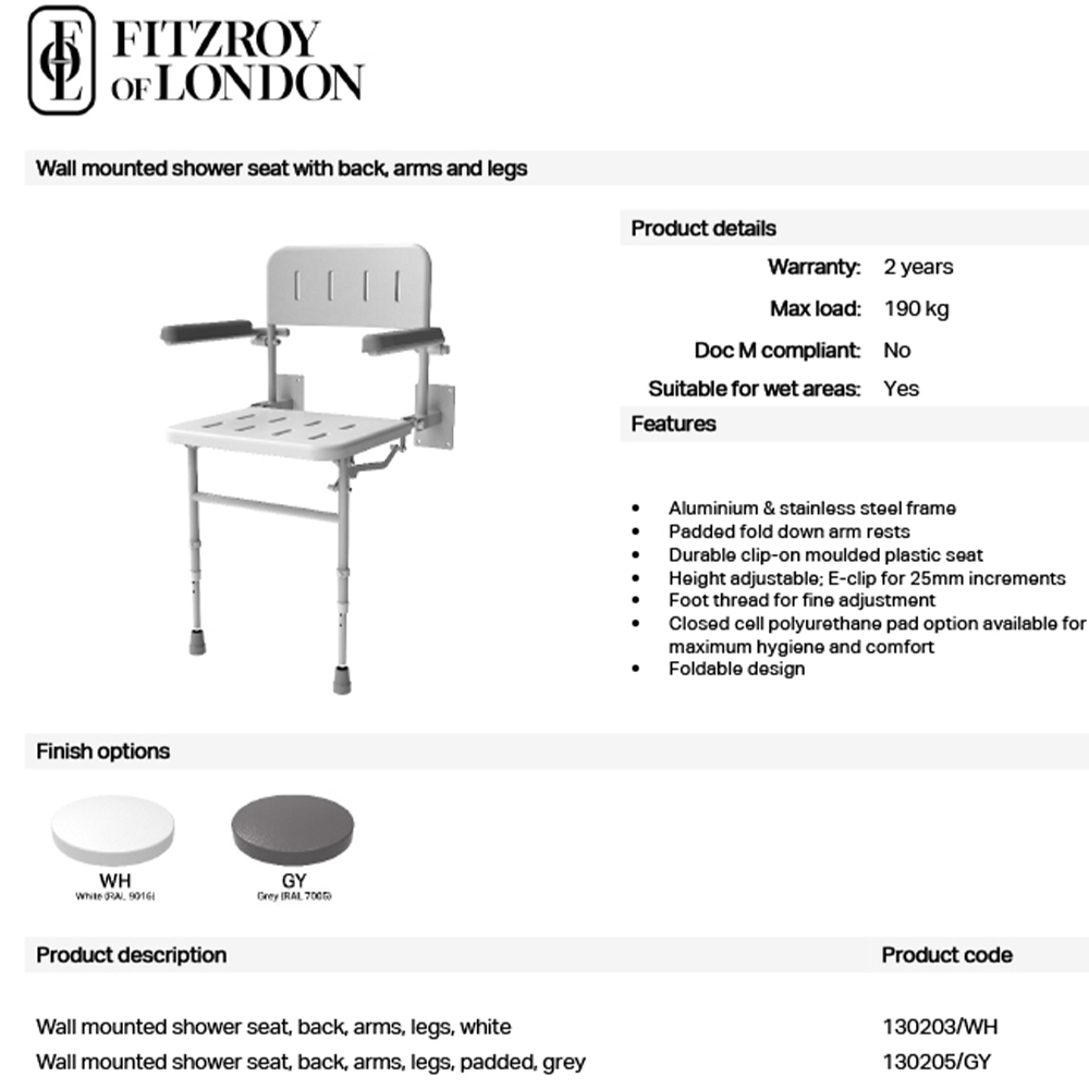 Fitzroy of London Grey Wall Mounted Padded Shower Seat with Arms and Legs Image 2