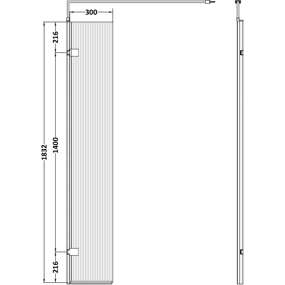 nuie Matt Black Fluted Wetroom Hinged Screen with Support Bar 1850 x 300mm Image 2