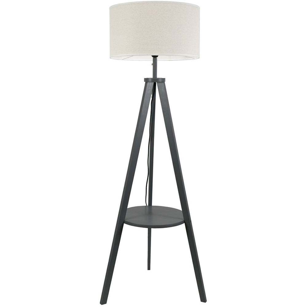 ValueLights Morrigan Grey Wood Shelf White Trim Shade Tripod Floor Lamp with Bulb Image 1