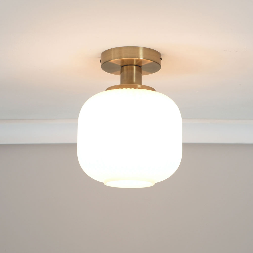ValueLights Calpe Opal Frosted Shade Gold Stem LED Flush Ceiling Light Image 2