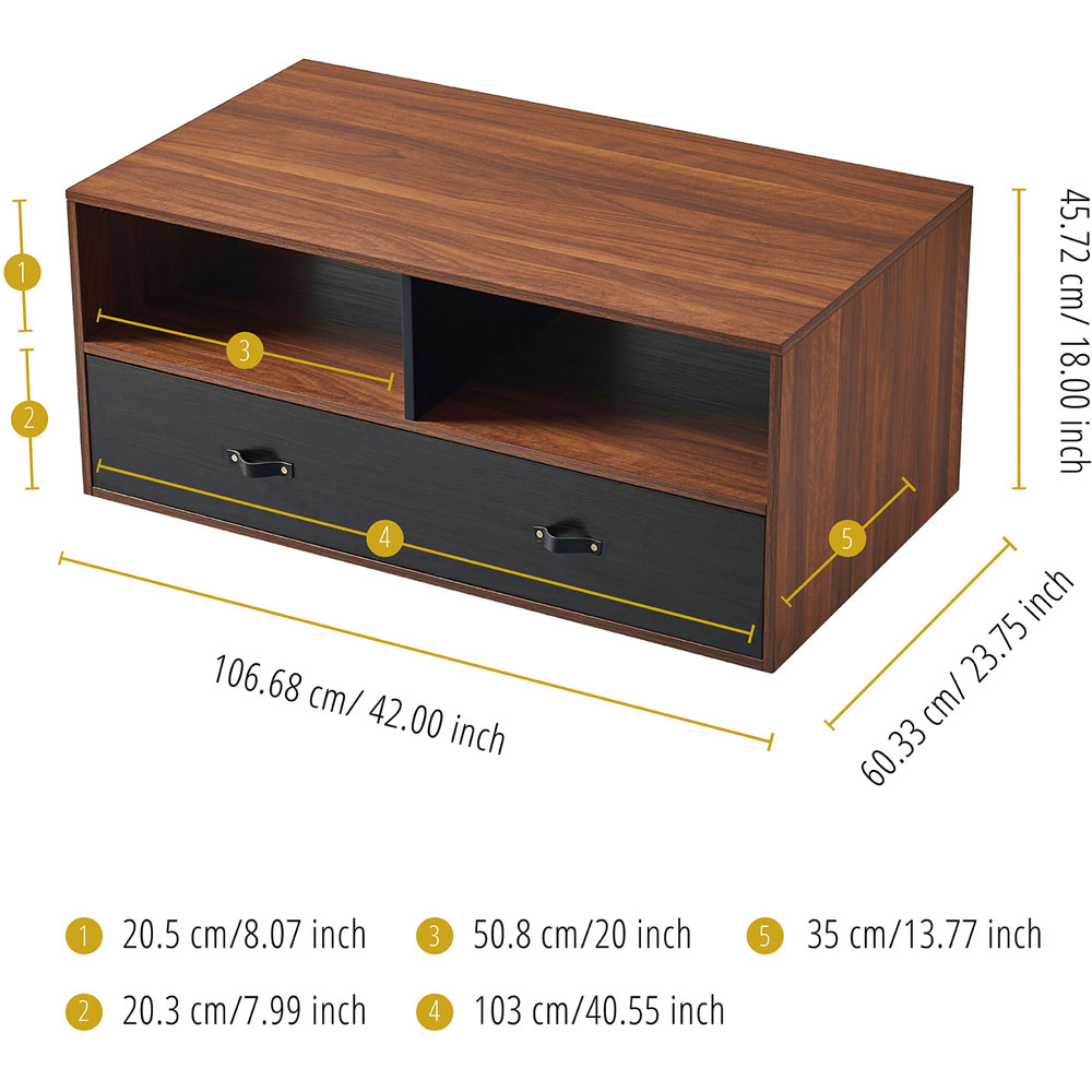 Teamson Home Henry 2 Drawer Single Shelf Walnut Wooden Faux Leather Coffee Table Image 9