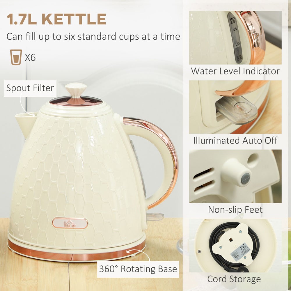 HOMCOM 800-181V70BG Beige 1.7L Kettle and 2 Slice Toaster Set Image 8