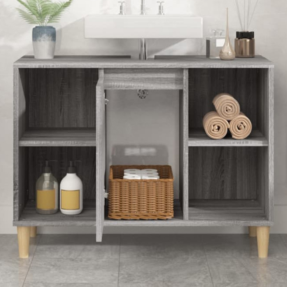 vidaXL Single Door 4 Open Shelf Grey Sonoma Bathroom Sink Cabinet Image 1