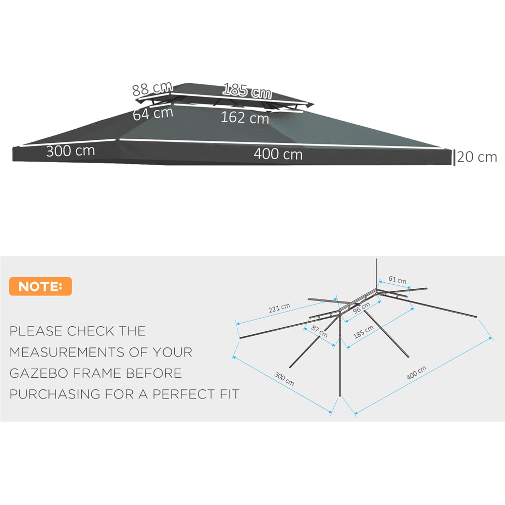 Outsunny 3 x 4m 2 Tie Deep Grey Replacement Gazebo Canopy Image 4