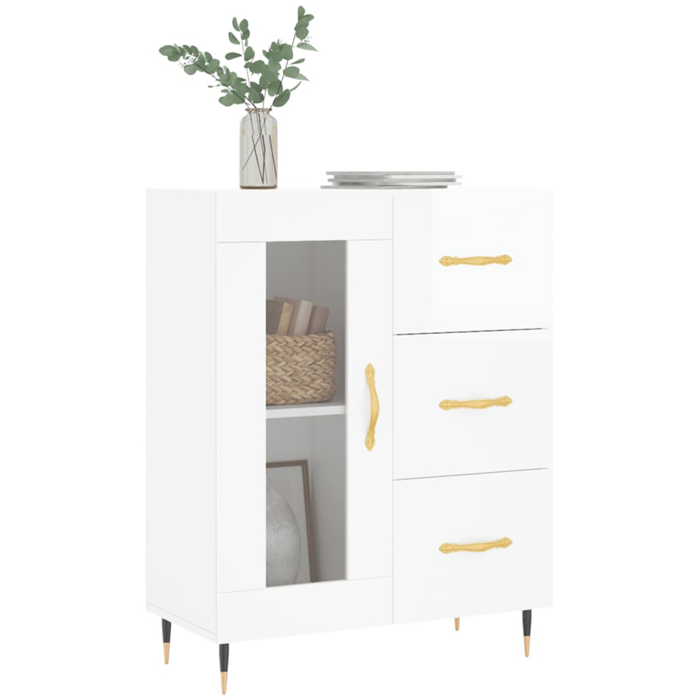 vidaXL Single Glass Door 3 Drawer High Gloss White Sideboard Image 3