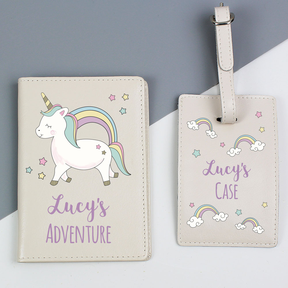 Personalised Memento Baby Unicorn Cream Passport Holder and Luggage Tag Set Image 3