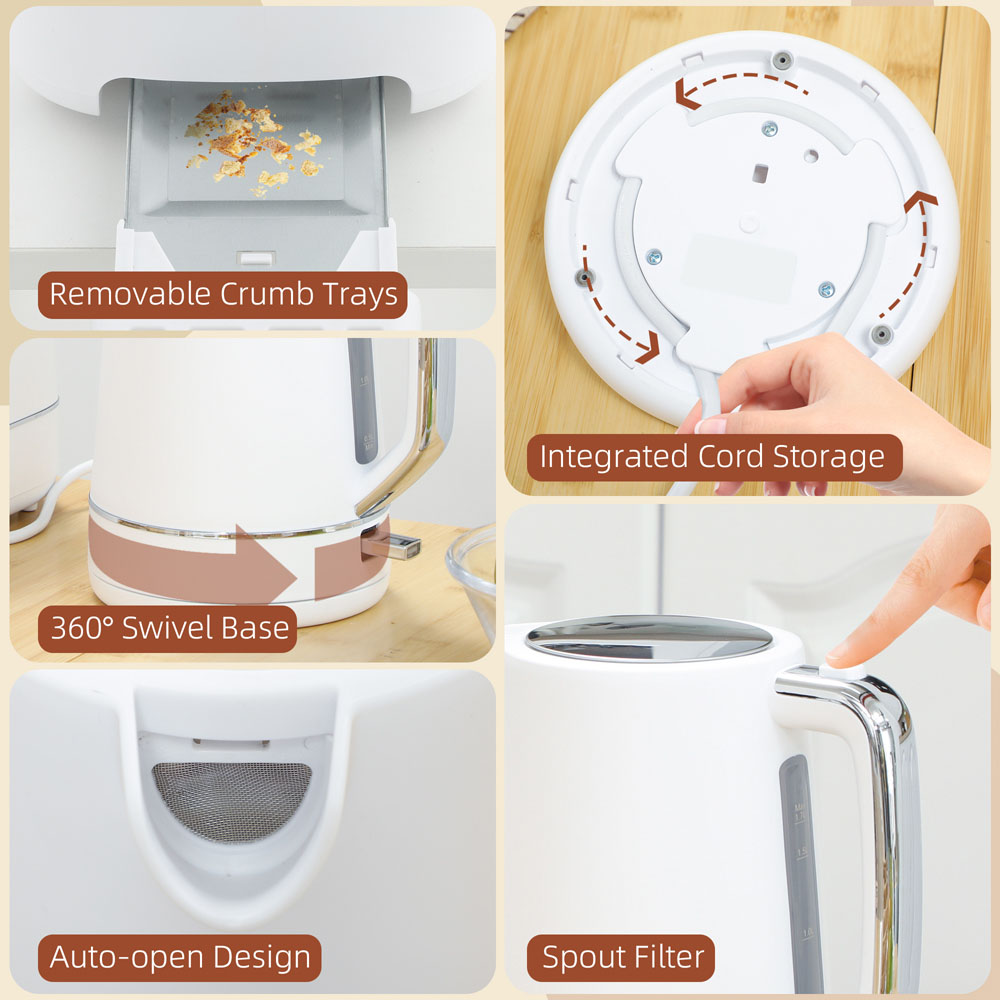 HOMCOM 800-232V70WT White 1.7L Fast Boil Electric Kettle 3000W and 2 Slice Toaster Set Image 3