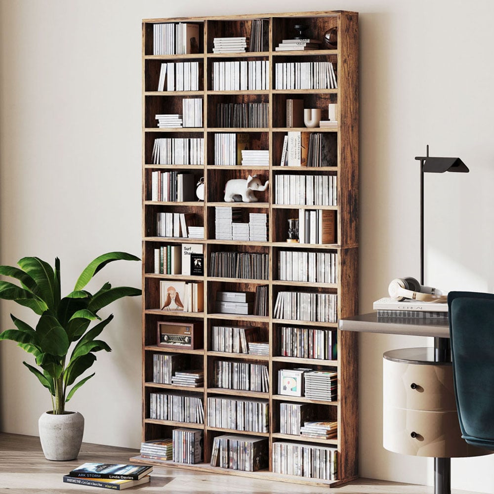 HOMCOM 36 Shelf Rustic Brown Large DVD and CD Media Storage Unit Image 1