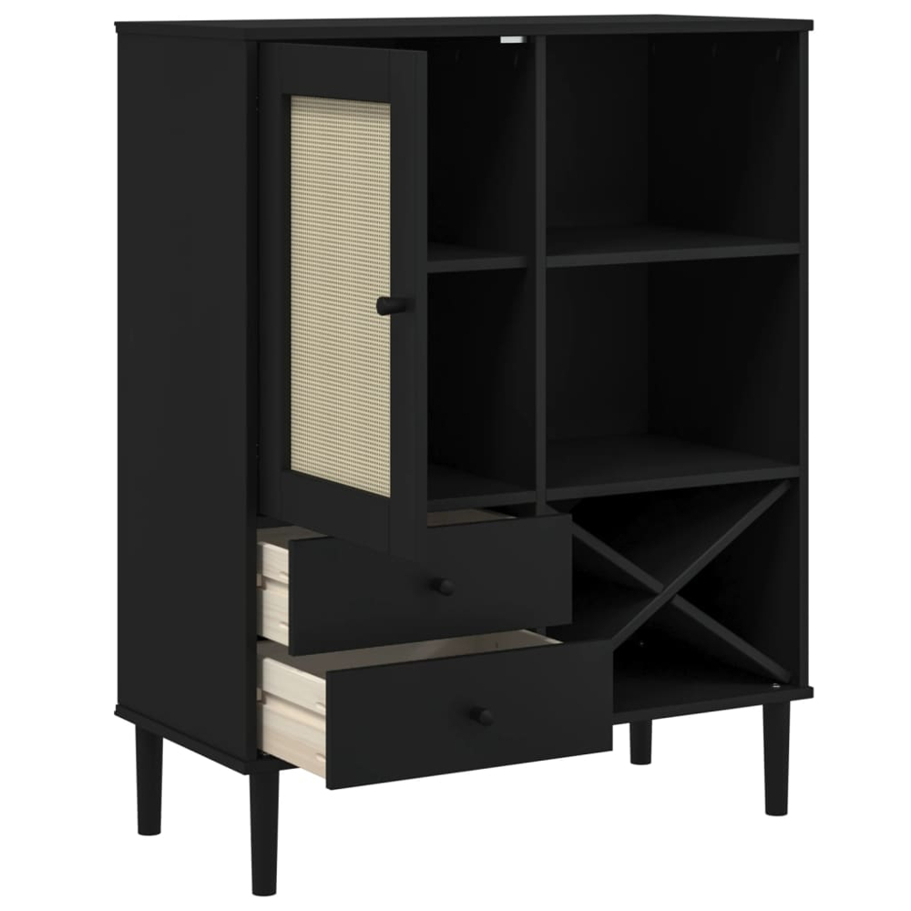 vidaXL Senja Single Door 2 Drawer 6 Shelf Black Solid Pine Wood Rattan Look Highboard Image 6