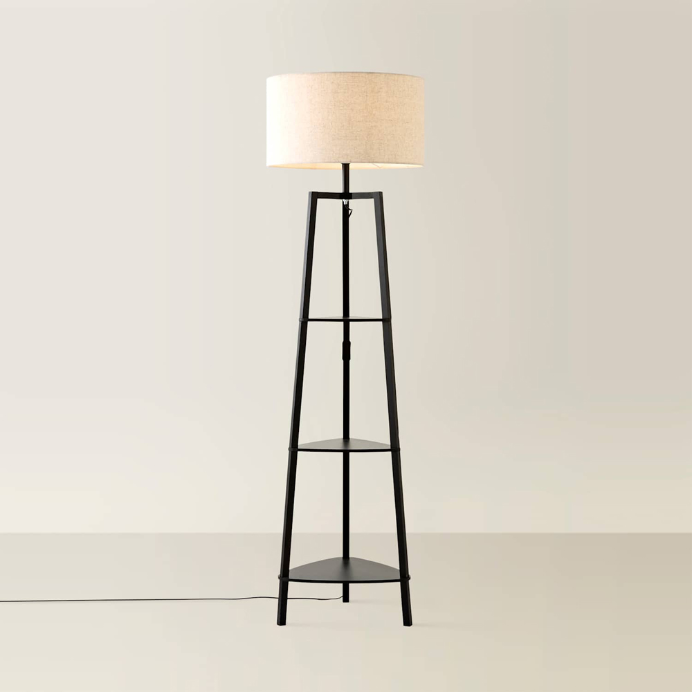 ValueLights Hiru 3 Shelf Linen Drum Shade Black Wooden Floor Lamp with Bulb Image 3