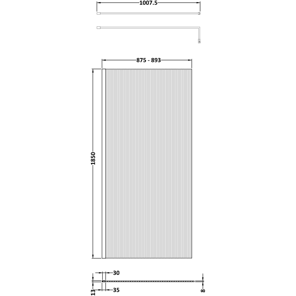 nuie Brushed Brass Fluted Wetroom Screen with Support Bar 1850 x 900mm Image 2