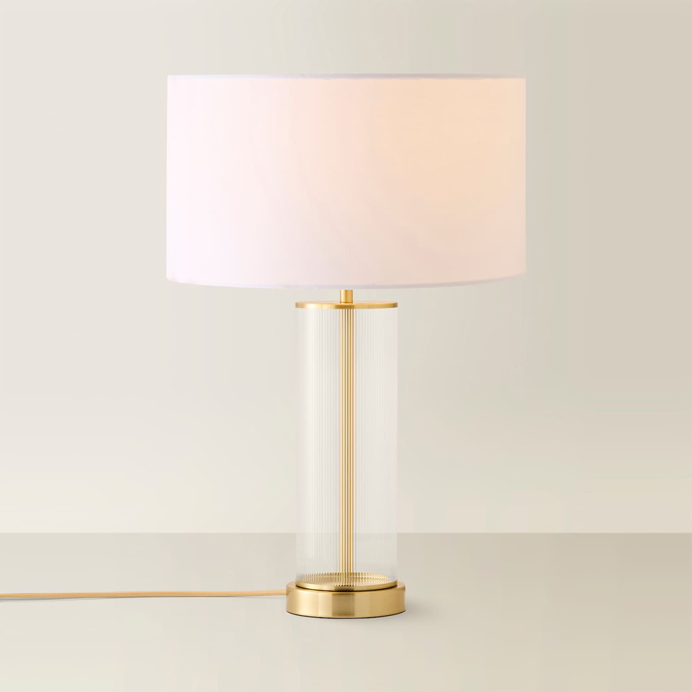 ValueLights Calin White Drum Shade Brushed Gold Ribbed Glass Table Lamp with Bulb Image 3