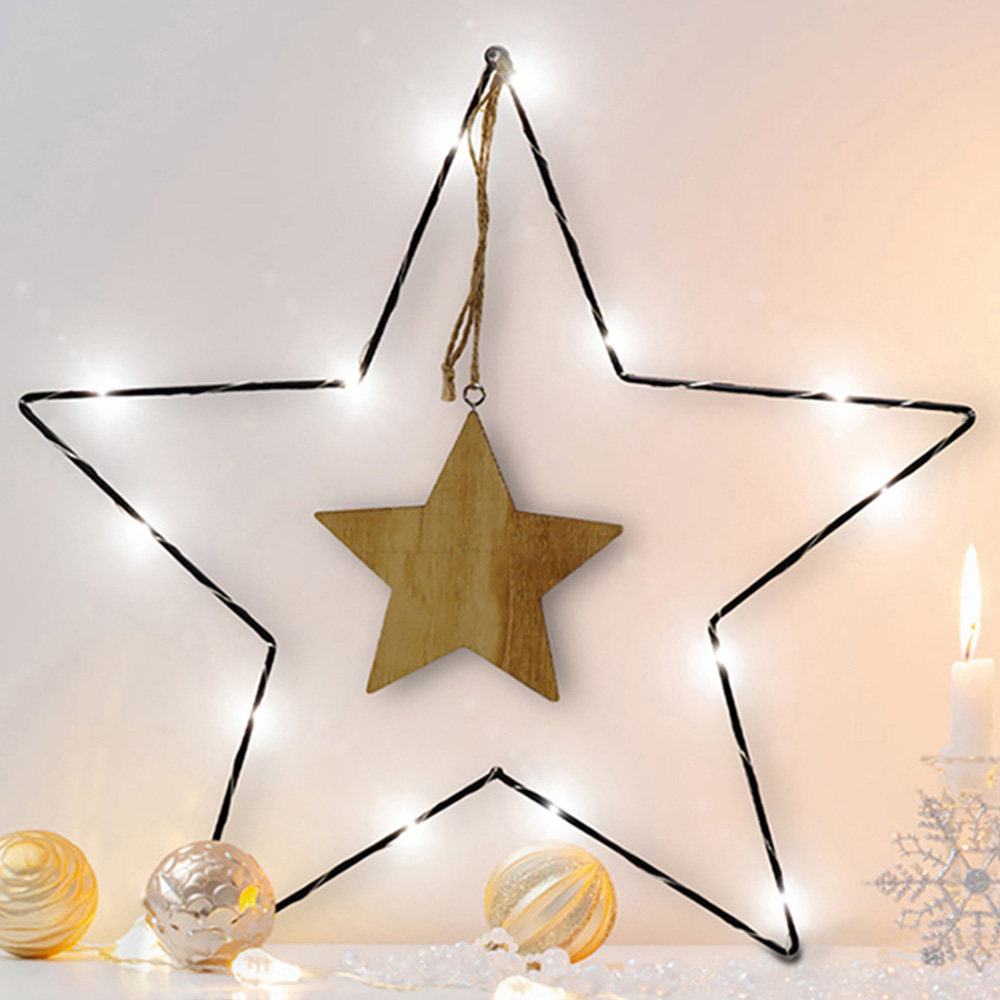 St Helens LED Metal Christmas Star Decoration with Wooden Centre Image 1