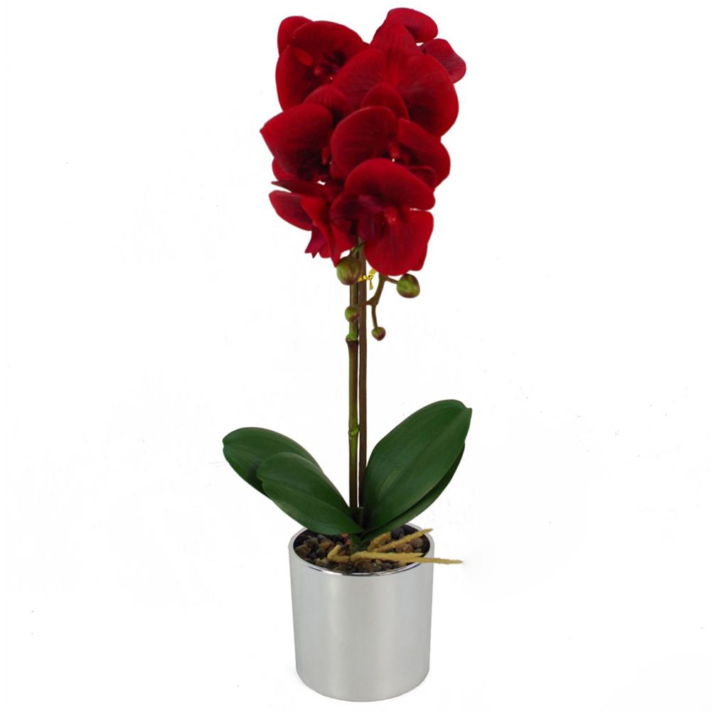 Leaf Red Orchid Artificial Plant in Silver Pot 46cm Image 1