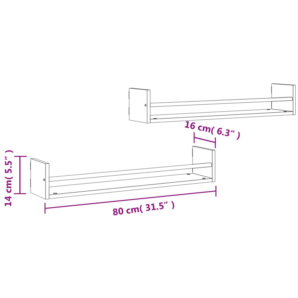 vidaXL 80 x 16 x 14cm Set of 2 Grey Sonoma Wall Shelf Image 7