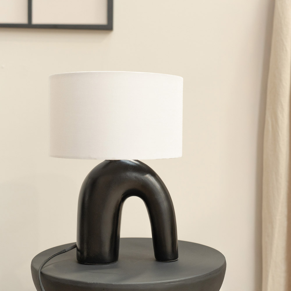 ValueLights Lia White Fabric Drum Shade Black Arch Abstract Ceramic LED Table Lamp Image 3