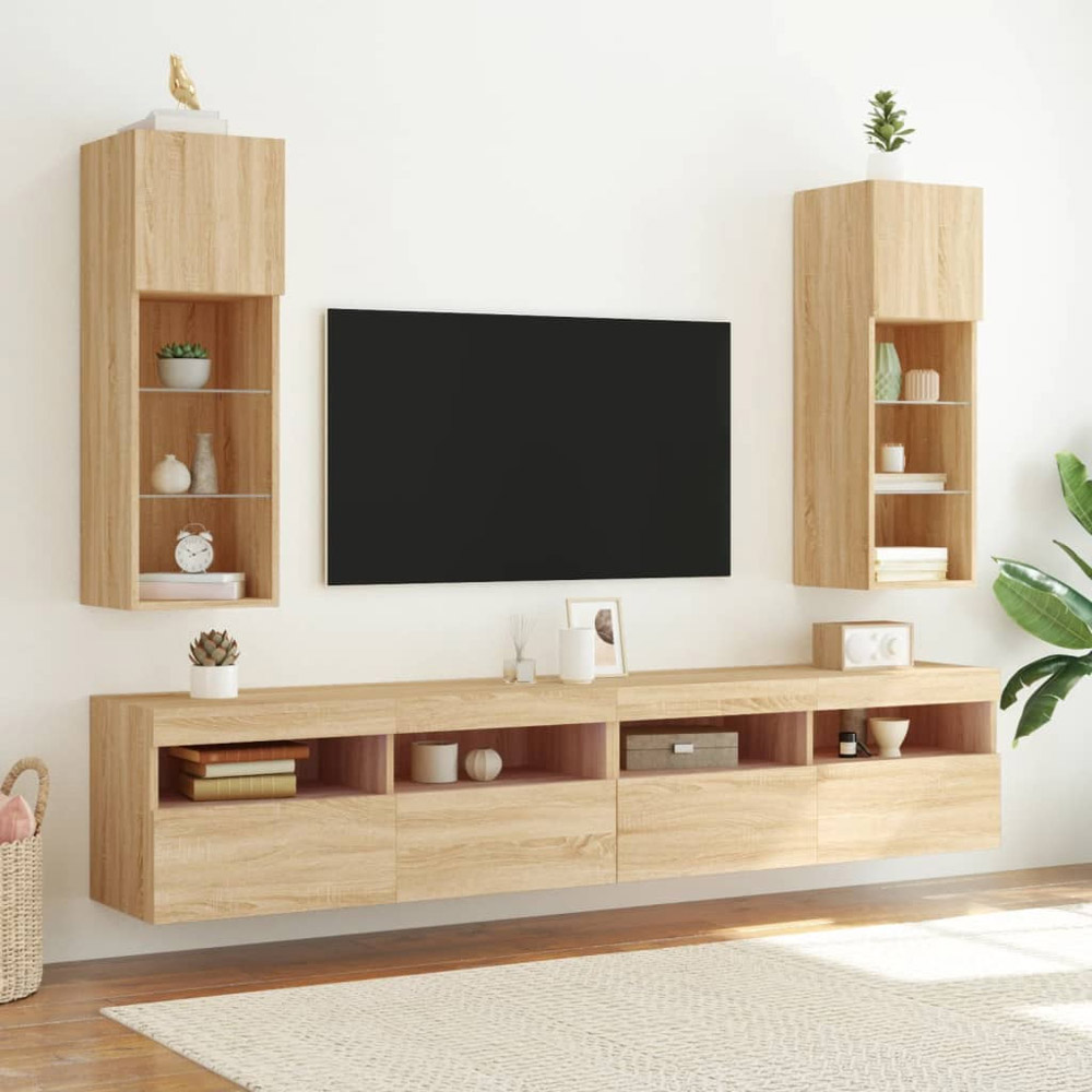 vidaXL Single Door 3 Open Shelf Sonoma Oak Narrow TV Cabinet with LED Light Image 3