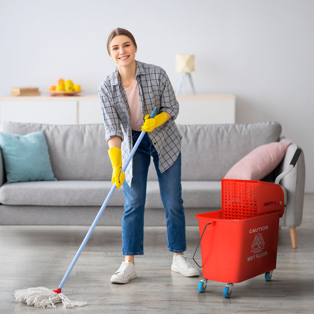 HOMCOM Red Wringer Handle Mop and Bucket Set on Wheels 20L Image 2