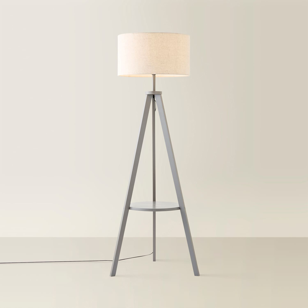 ValueLights Morrigan Grey Wood Tripod Floor Lamp with Linen Fabric Shade and Bulb Image 3
