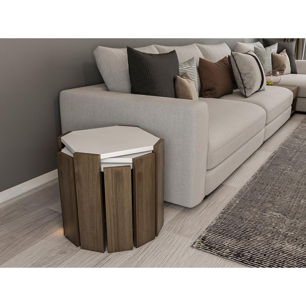 Decorotika Lori 3 Piece White and Walnut Nesting Coffee Table Image 3