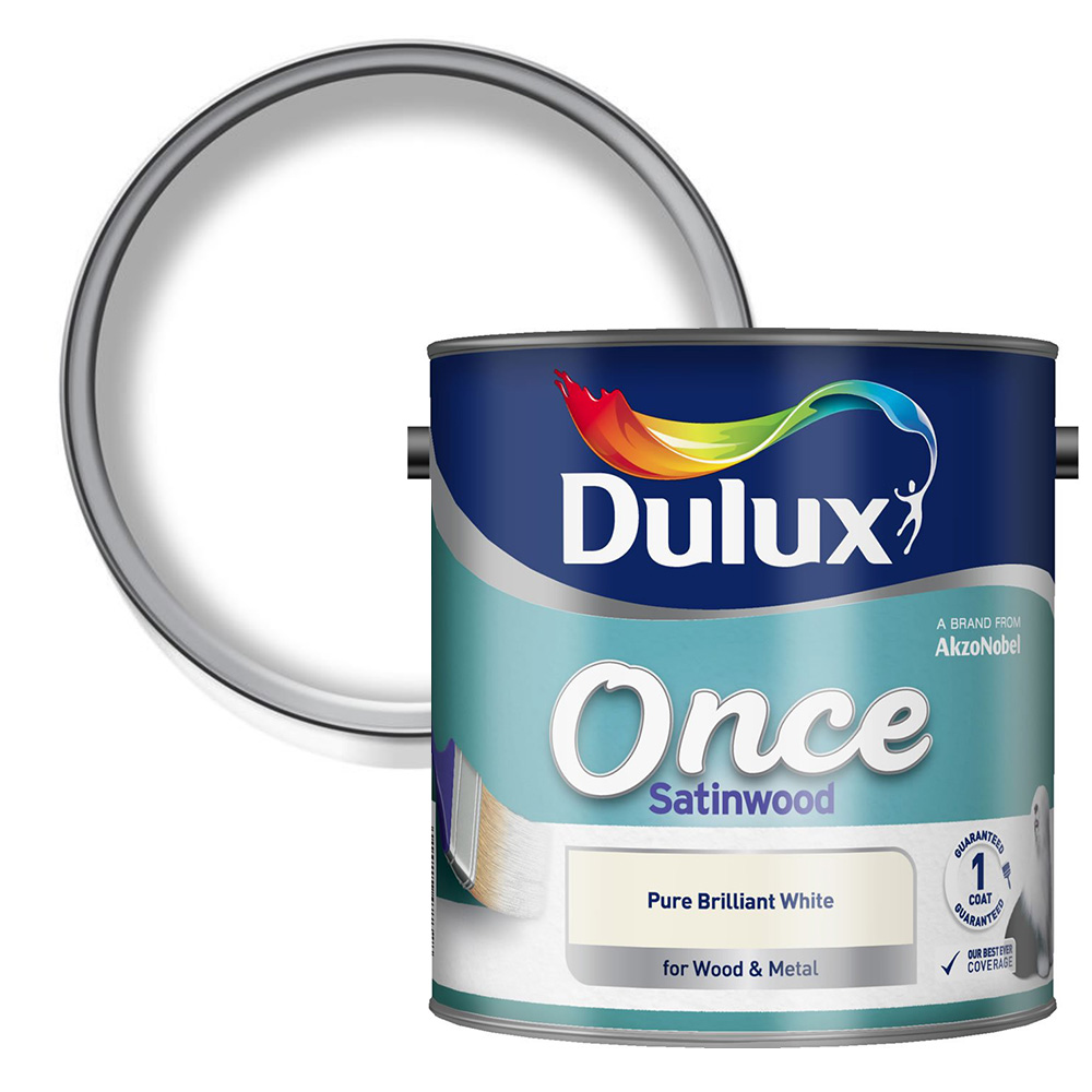Dulux Once Wood and Metal Pure Brilliant White Satin Paint 2.5L Image 1