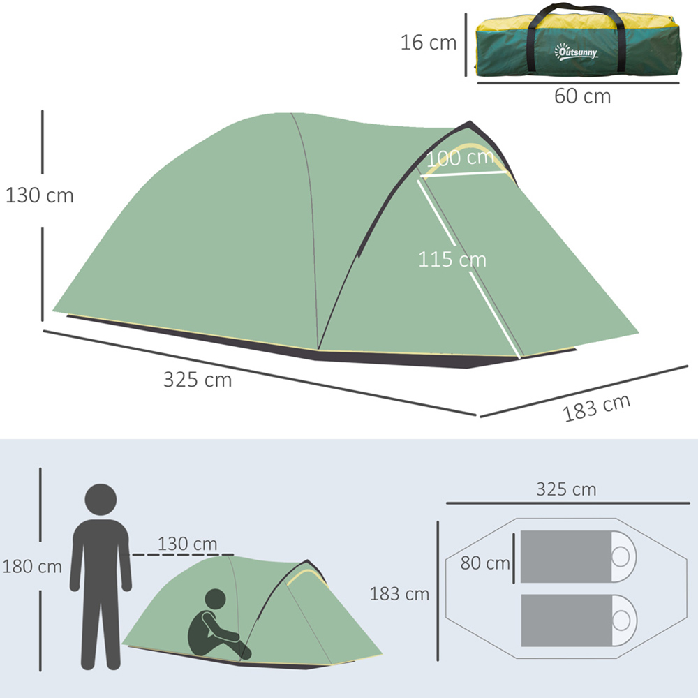 Outsunny 2 Person Waterproof Camping Tent Green and Yellow Image 7