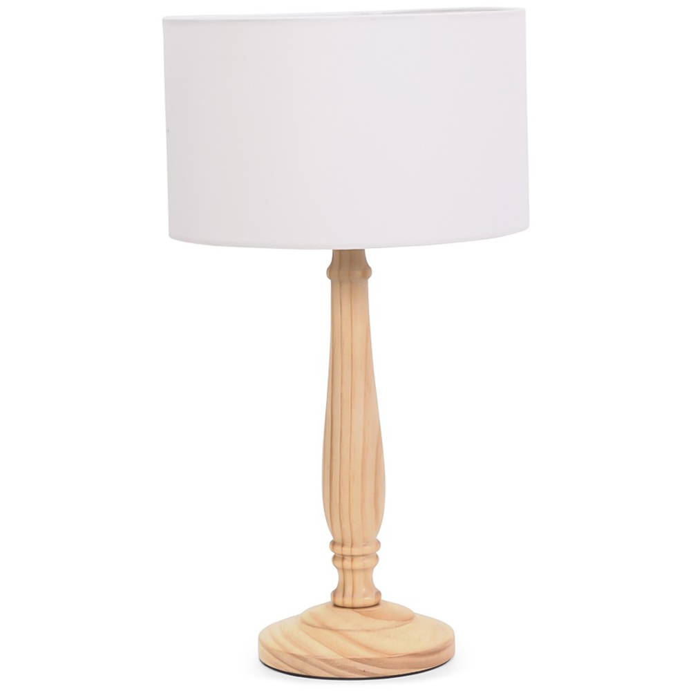 ValueLights Victoria White Fabric Drum Shade Light Wood Traditional Stem LED Table Lamp Image 1