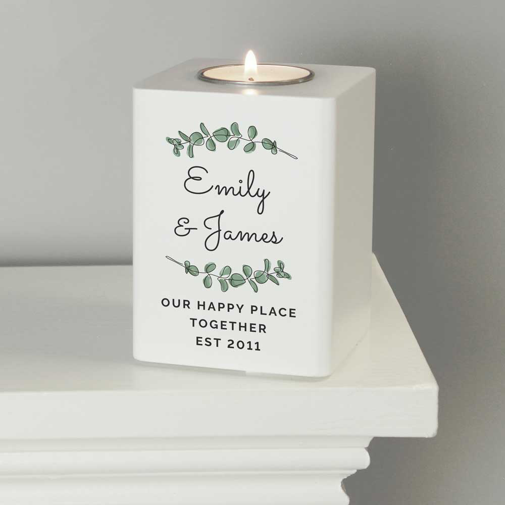 Personalised Memento Personalised Botanical White Wooden Tea Light Holder Image 3