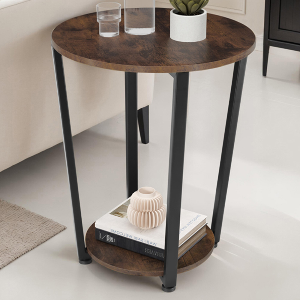 Tectake Swindon Single Shelf Round Rustic Dark Wood Bedside Table Image 1