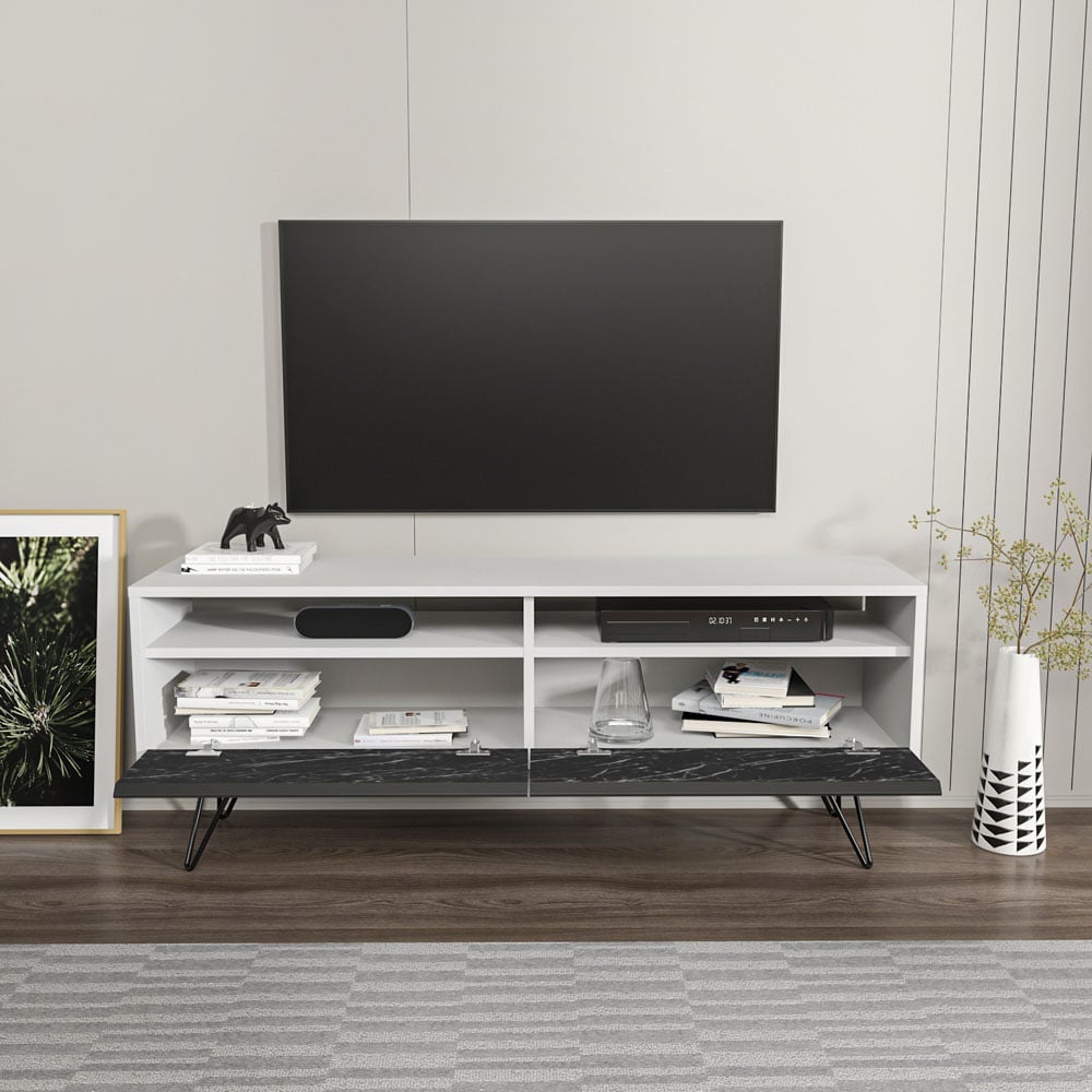 Decorotika Flay 2 Door 2 Shelf Black Marble Effect and White TV Unit Image 4