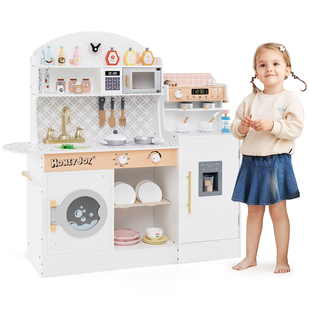 Costway White Kids Wooden Kitchen Play Set with Clock and Microwave Image 4