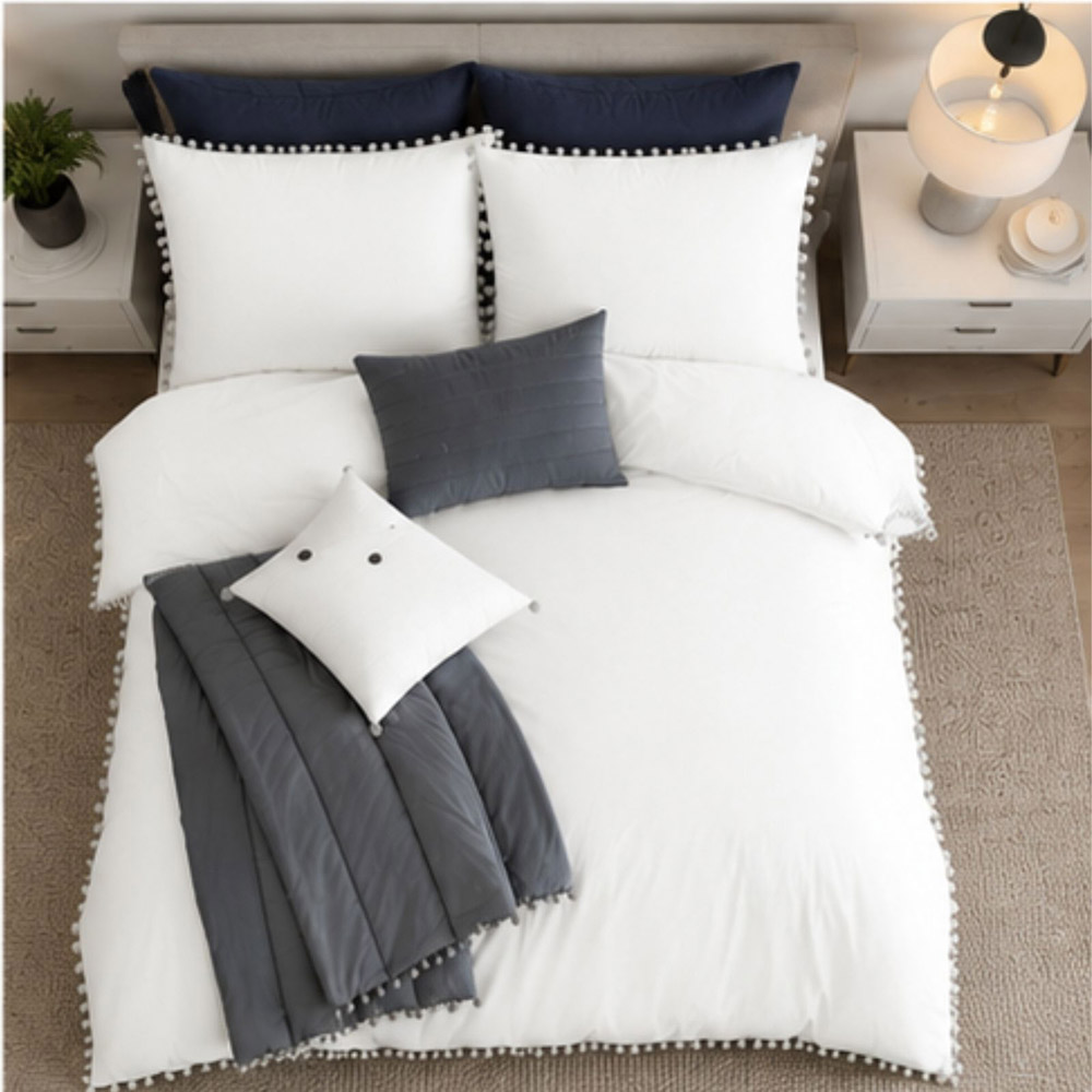 Smart Living King Size White Pom Pom Duvet Cover Set Image 3